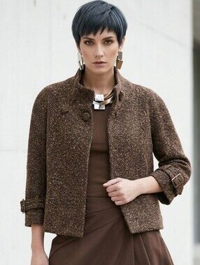 ACCESSORY SREET💛GOLD THREADED Vintage Chic Brown Tweed Teddy Jacket Size S